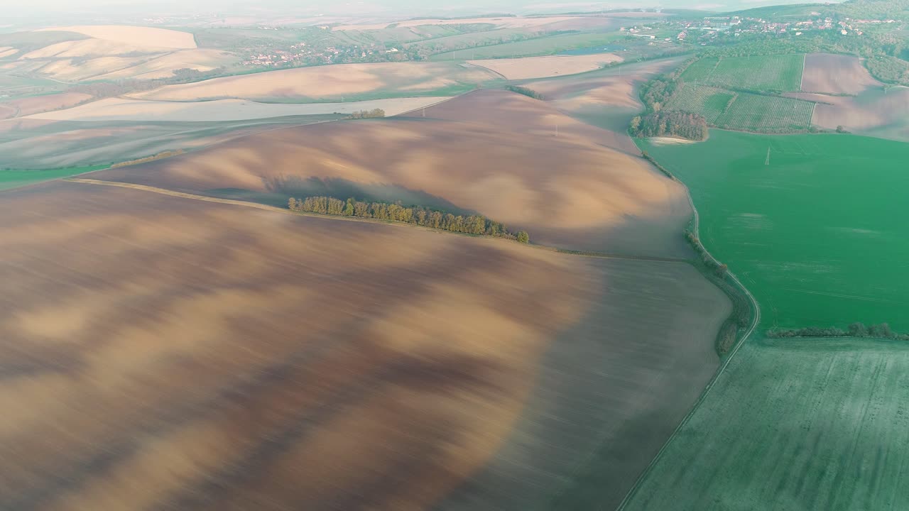 Aerial view of agricultural fields in the countryside