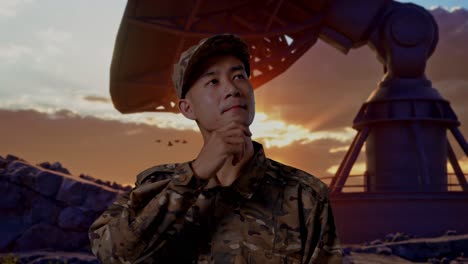 close up of asian man soldier thinking about something and looking around while standing with satellite dish