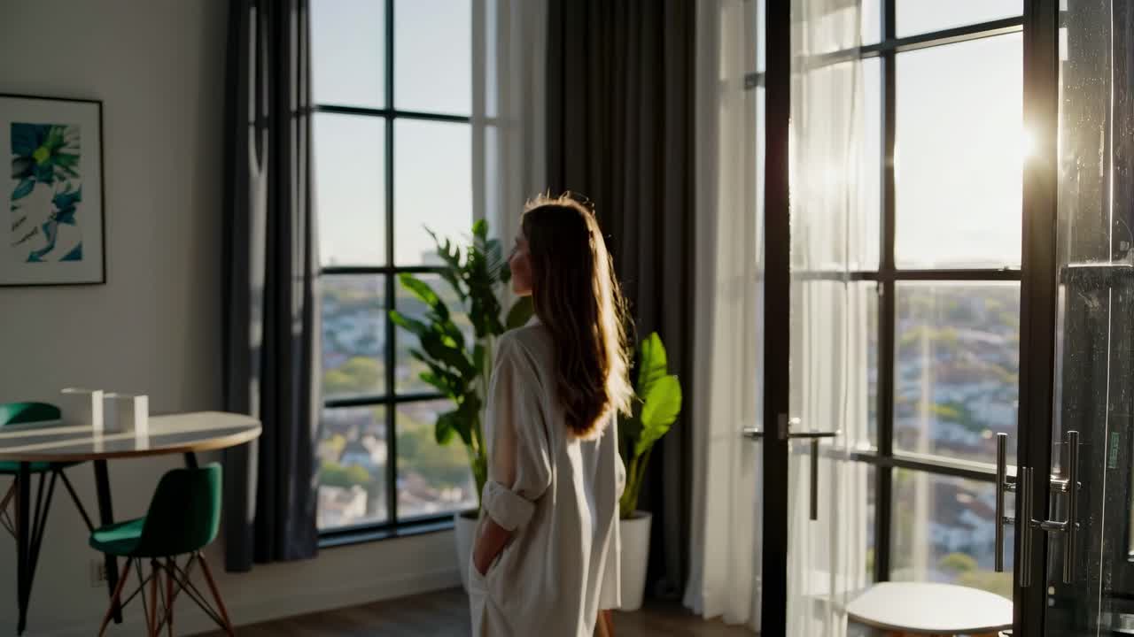 Un fermo immagine video sereno di una donna che guarda fuori dalla finestra illuminata dal sole in un appartamento moderno