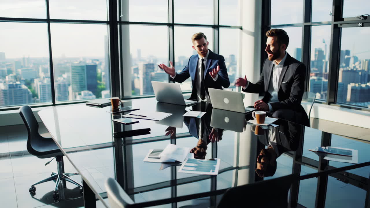 Two Businessmen Collaborating in a Modern Office with City Views