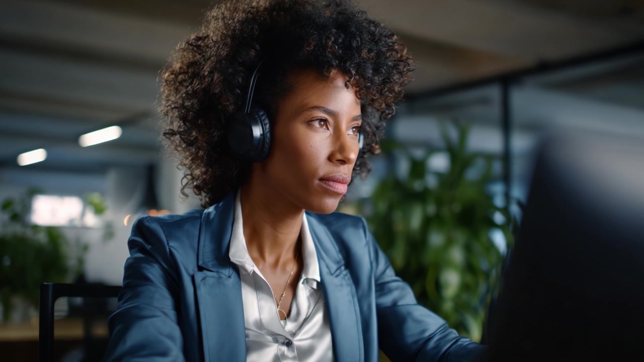 Professionista concentrato con le cuffie, intento a lavorare al laptop, che cattura un momento di concentrazione e scopo in un moderno ambiente d'ufficio.