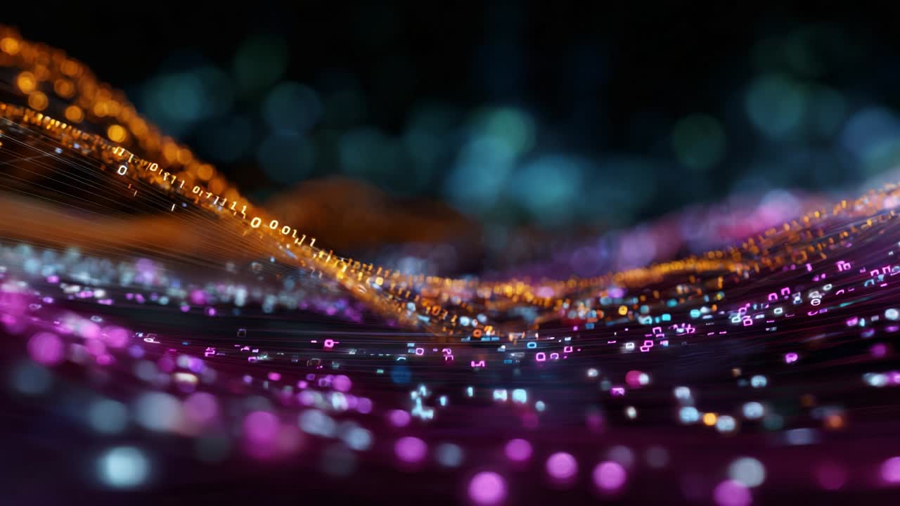 Una straordinaria immagine di visualizzazione di onde dinamiche di luce e flusso di dati in un paesaggio digitale colorato, che rappresenta connettività, trasferimento di informazioni e innovazione tecnologica nell'era moderna