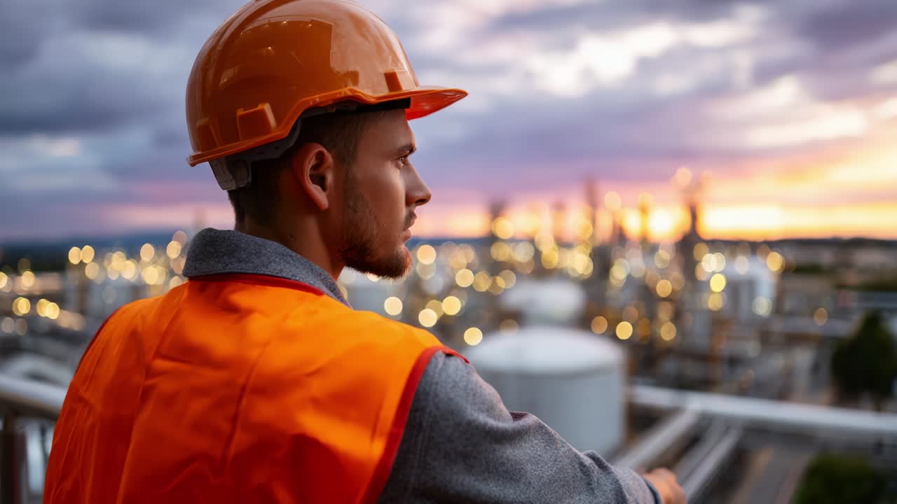 An engineer observes the industrial landscape at sunset, highlighting the harmony between safety, technology, and nature as he prepares for the tasks ahead in a bustling manufacturing setting