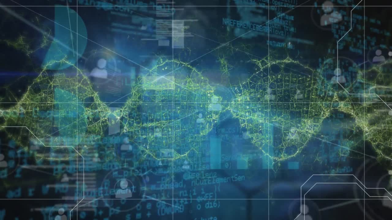 Animation of network of connections with icons and dna strand spinning on dark background
