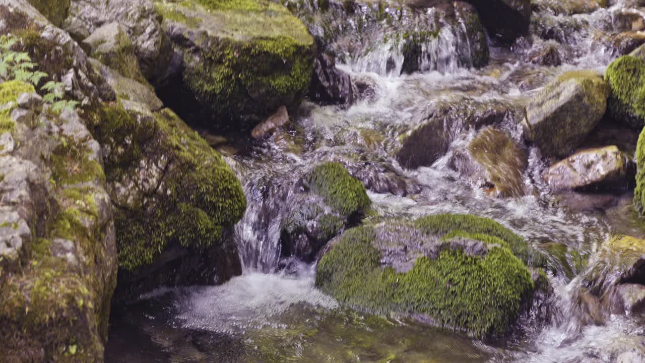 Tracking shot of water flow between rocks in a mountain stream