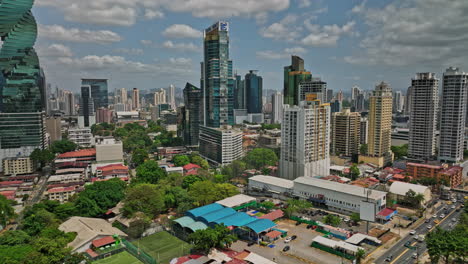 antena de la ciudad de panamá v79 sobrevuelo de drones de bajo nivel entre edificios de gran altura en el vecindario de obarrio capturando el paisaje urbano del centro y el desarrollo comunitario - filmado con el cine mavic 3 - marzo de 2022