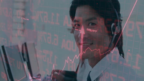 animación de procesamiento de datos financieros sobre empresario asiático usando auriculares de teléfono y computadora