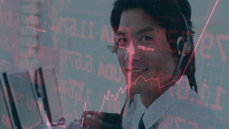 animation of financial data processing over asian businessman using phone headset and computer