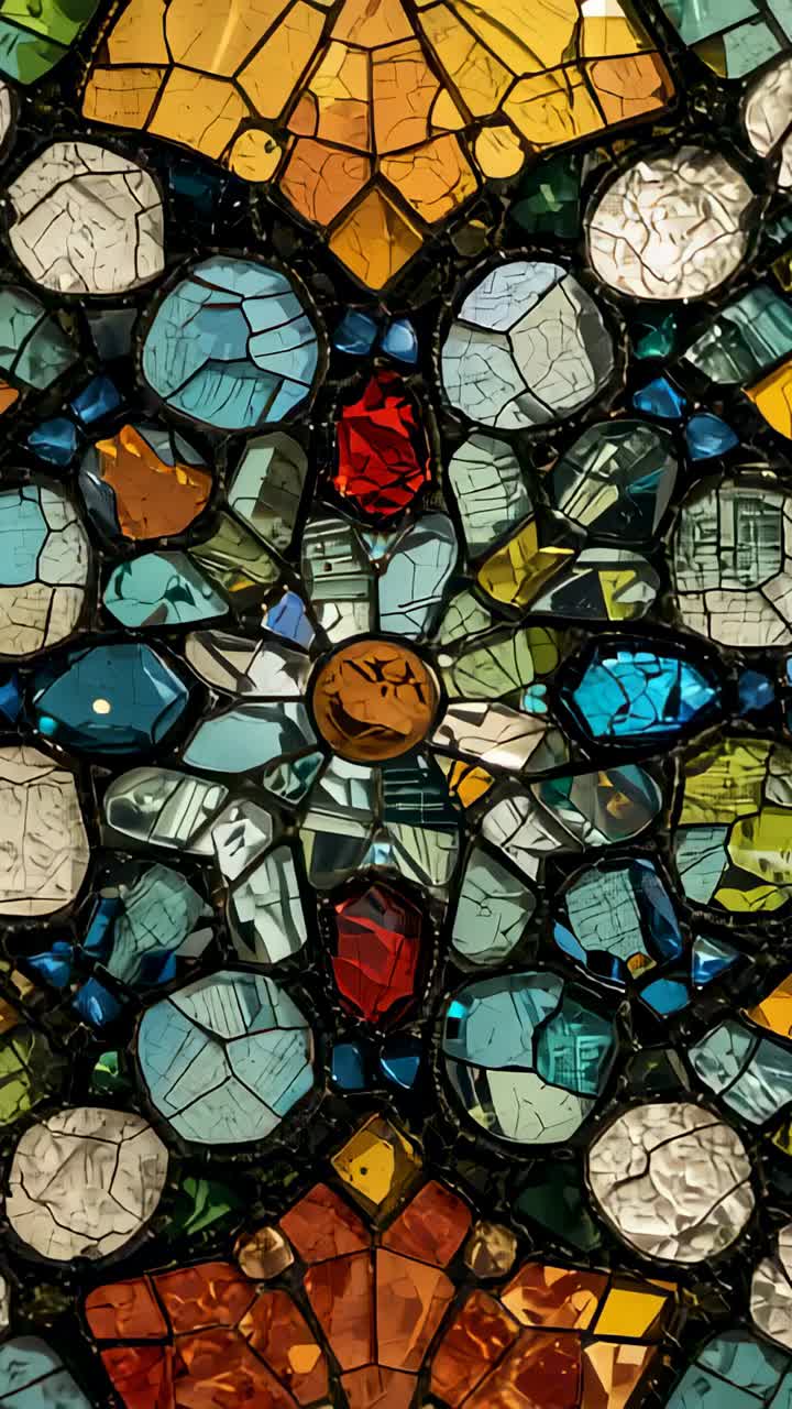 Vertical video: Shifting camera revealing tesserae in church, amber medallion reflecting highlights