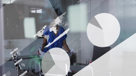Organizing documents, businesswoman with global data processing animation in office