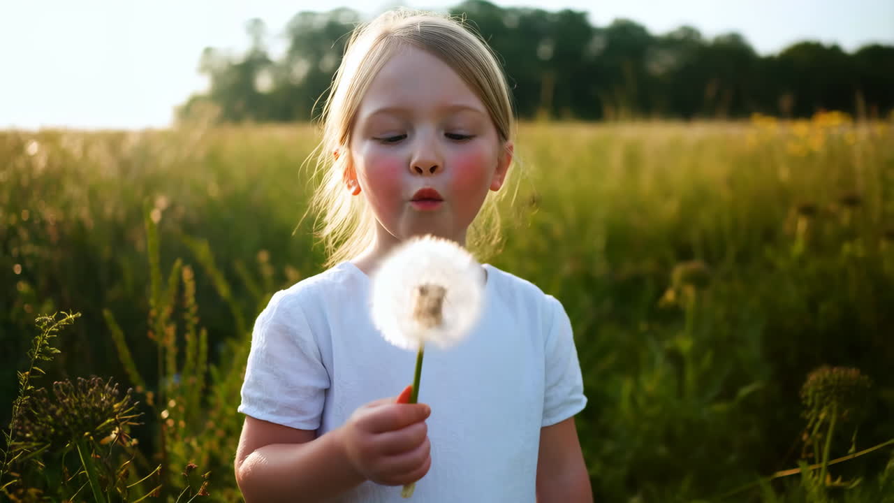 Young Girl Blowing a Dandelion in a Sunny Field
