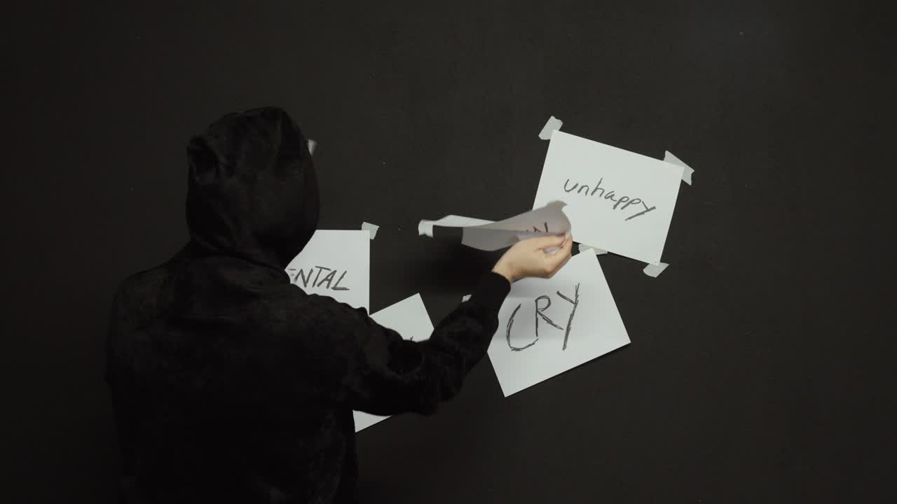 Man taking down words like sad and unhappy from a wall, symbolizing recovery, healing, and overcoming negative emotions