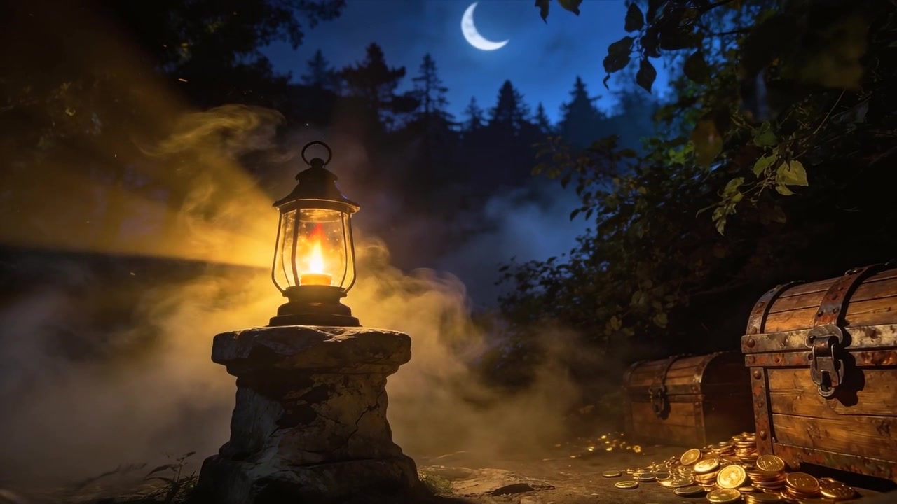Lanterna antica di metallo che tremola reagendo alla brezza, illuminando una radura nel bosco con forzieri e monete.