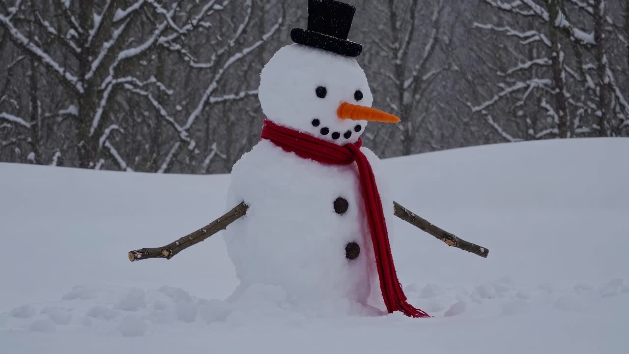 A snowman with a red scarf and black hat stands in a snowy landscape