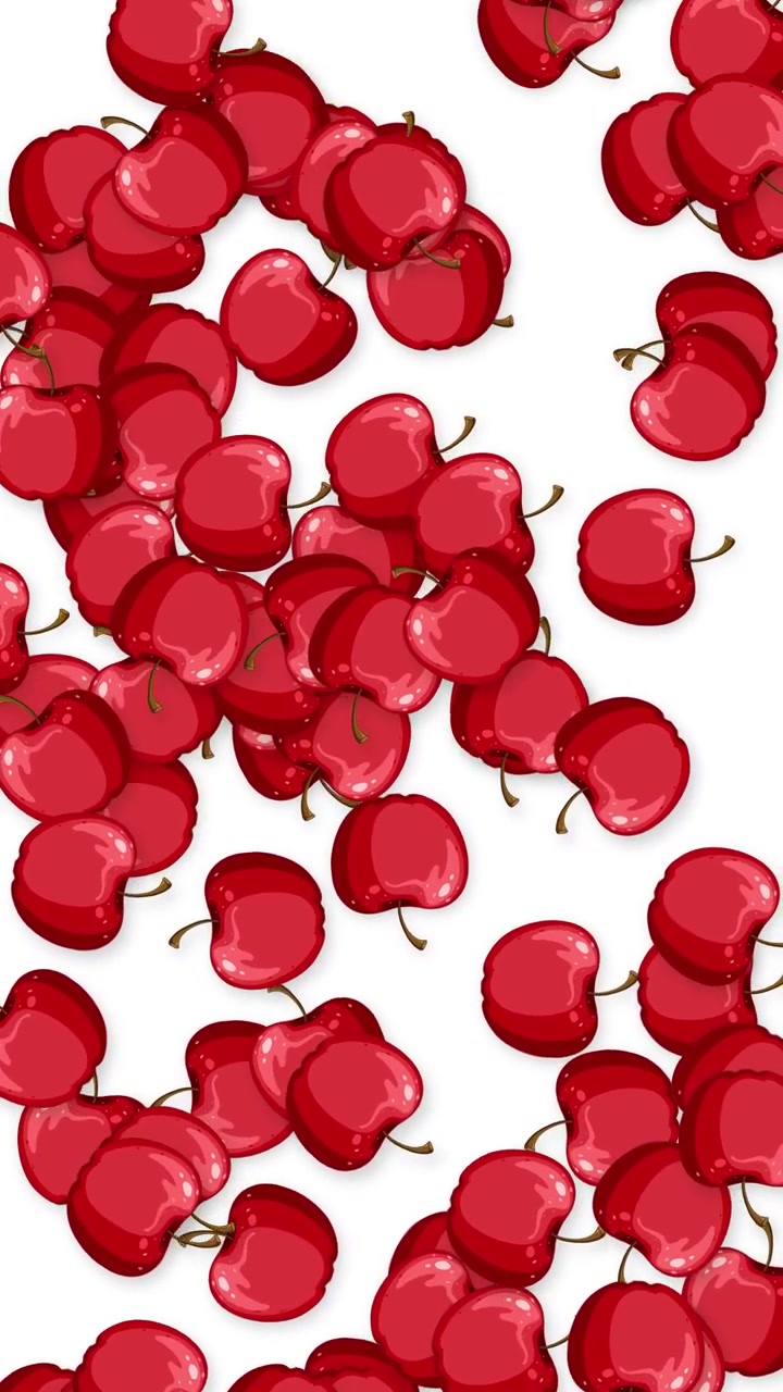 Mele rosse a cartone animato cadono continuamente attraverso una cornice verticale su uno sfondo bianco pulito.