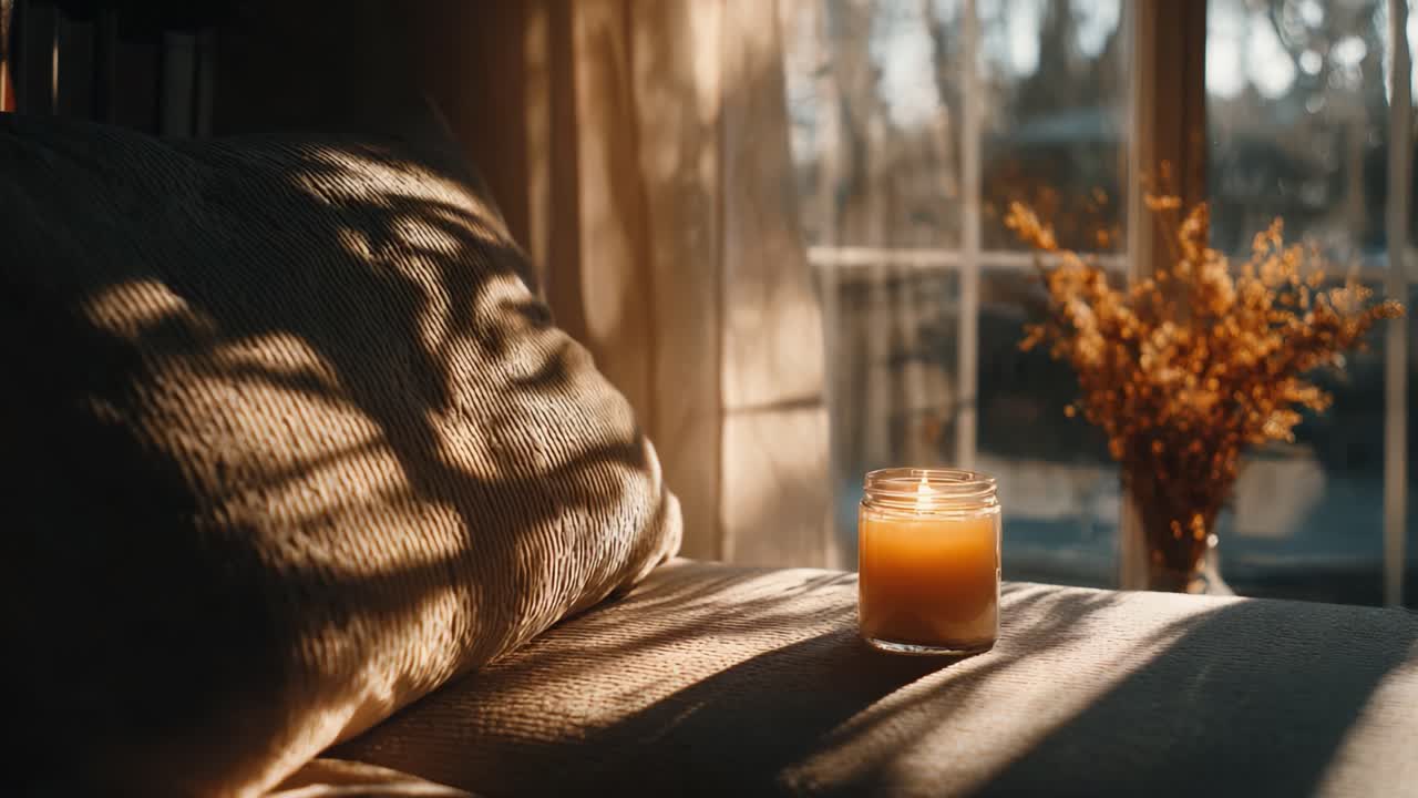 Un momento sereno de tranquilidad: una vela con un brillo suave ilumina un espacio acogedor, complementado por la calidez de la luz natural y hermosos arreglos florales.
