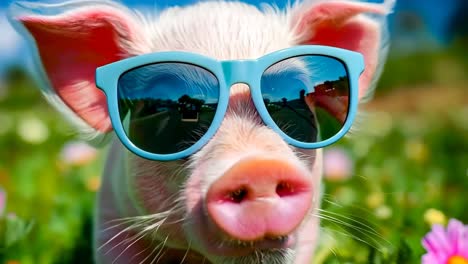 a small pig wearing sunglasses standing in a field of flowers