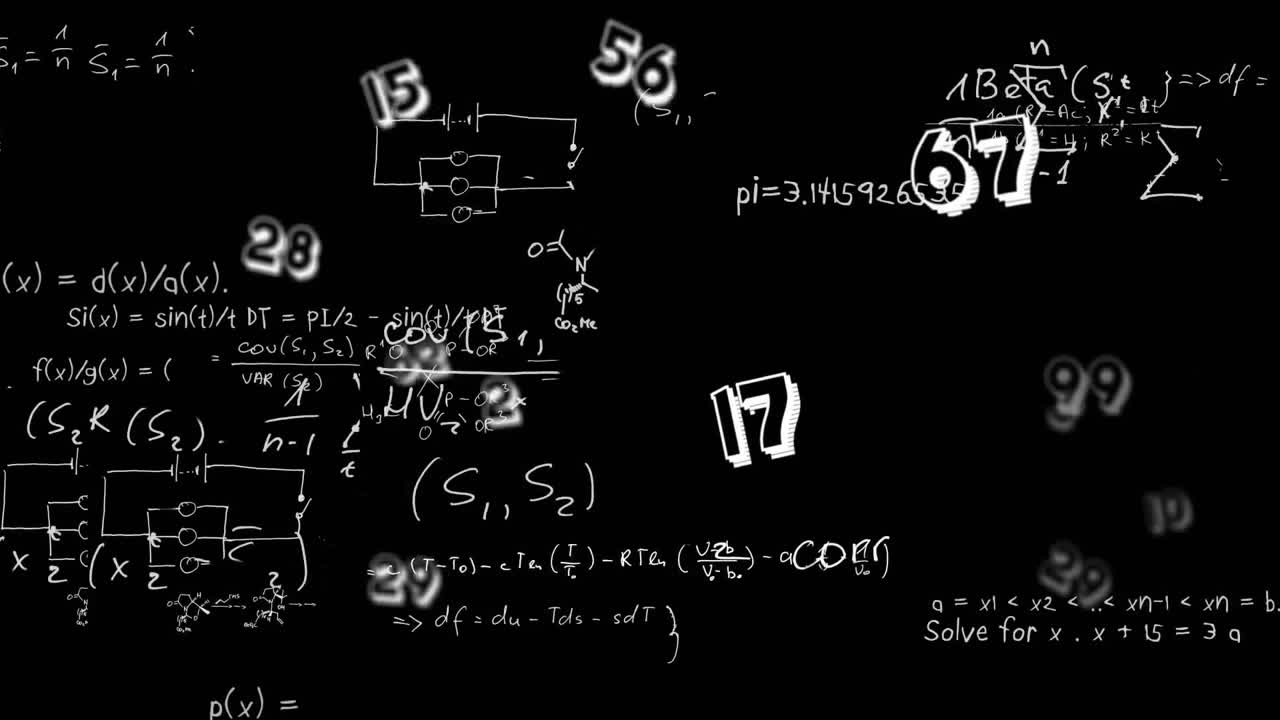 animación de números flotantes, símbolos y ecuaciones y diagramas matemáticos sobre un fondo negro