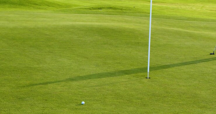 Un'asta della bandiera si trova nella buca su un green di un campo da golf ben curato, proiettando una lunga ombra sull'erba verde vibrante in una giornata di sole.