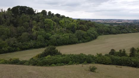 Aerial-high-revealing-forwards-huge-green-field-just-cut-in-Hitchin,-Hertfordshire,-England,-Uk