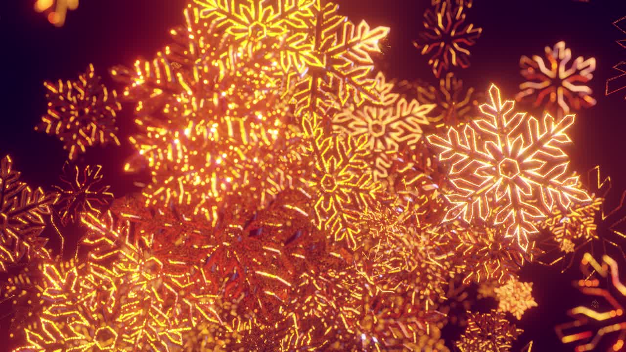 3d 골든 크리스마스 배경은 보케와 필드의 깊이를 가지고 있습니다. 반이는 장난감 눈알이 공중에 매달려 있습니다. 아름답게 반이는 천천히 흔들리고 빛에 반이는. 4k에서 새해를 위해 아름다운 3d.