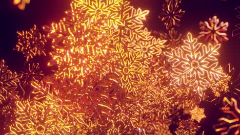 3d fondo de navidad dorado con bokeh y profundidad de campo de juguetes brillantes copos de nieve colgando en el aire hermosamente brillantes lentamente balanceándose y brillando en la luz. hermoso 3d para el año nuevo en 4k