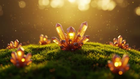 A Radiant Cluster of Golden Crystals Surrounded by Sparkling Light and Lush Greenery, Capturing the Ethereal Beauty of Nature and Mineral Harmony
