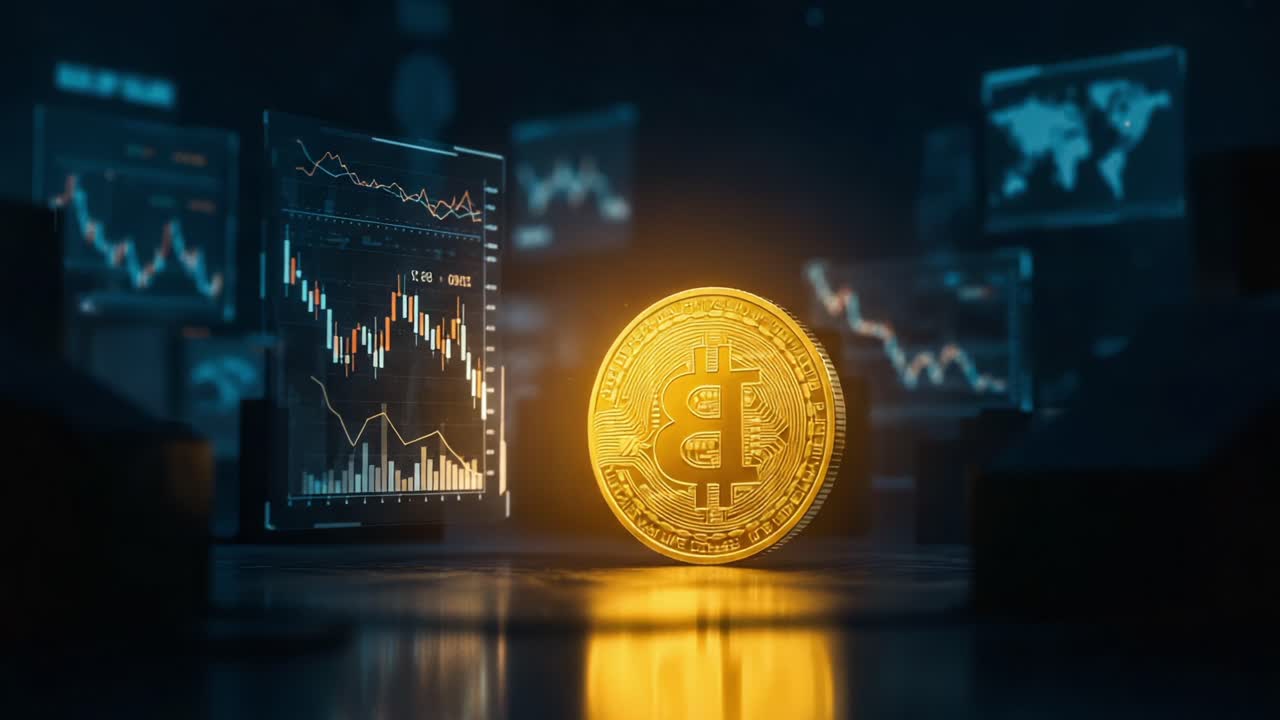 A Stunning Visualization of Cryptocurrency in Action: Illuminated Bitcoin Coin Against High-Tech Financial Charts and Market Analysis Interface