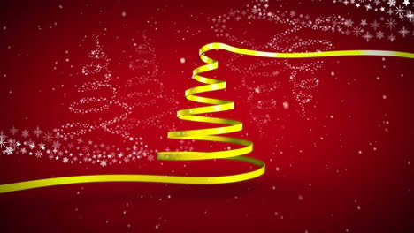 animación de navidad cinta amarilla formando árbol de navidad sobre fondo rojo