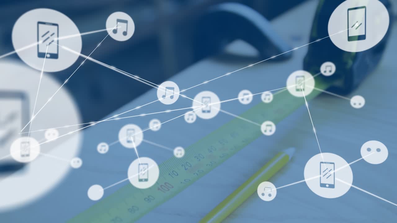 Animation of network of connections over construction plan on desk