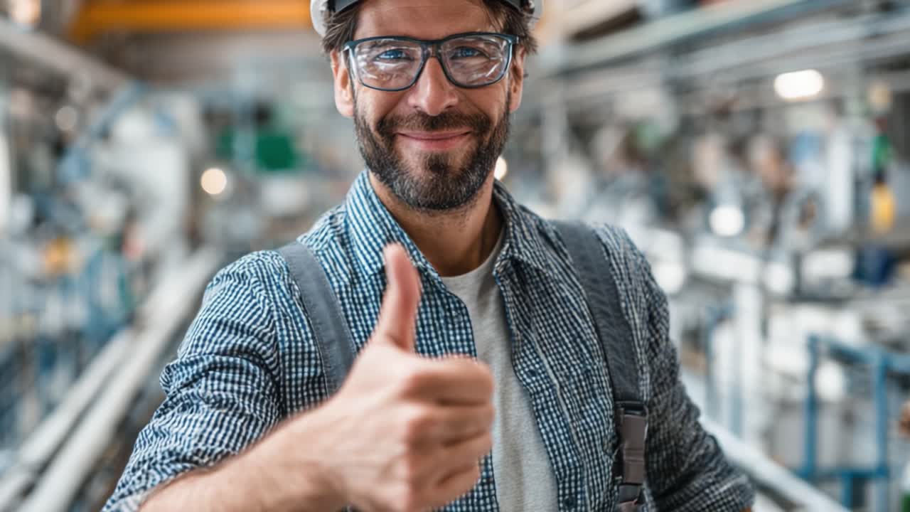 A Dedicated Worker in Safety Gear Enthusiastically Gives a Thumbs Up in an Industrial Setting, Symbolizing Team Spirit and Positive Attitude in Manufacturing Environments