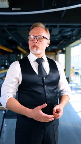 elegant senior male in white shirt, black vest and trousers in office. man talks looking around. vertical video.