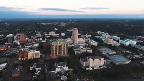 aerial view rotating away from downtown tallahassee, dusk in florida, usa