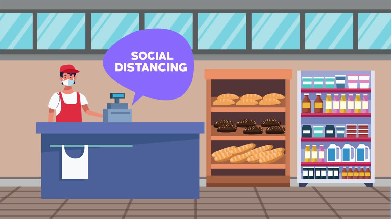 슈퍼마켓 판매자 장면과 함께 사회적 거리 두기 캠페인