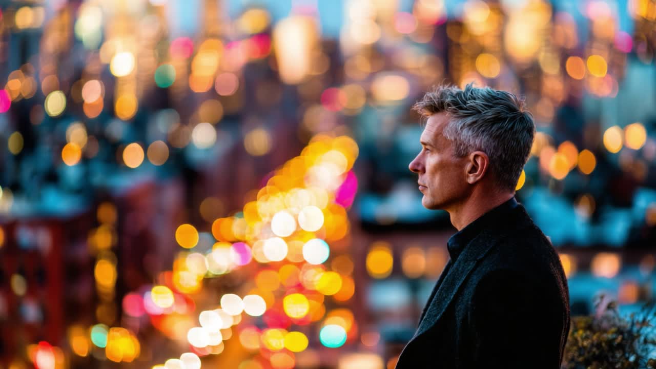 A Reflective Moment: Contemplating Life Against a Vibrant Cityscape, Bathed in the Soft Glow of City Lights and the Promising Vibes of Urban Diversity