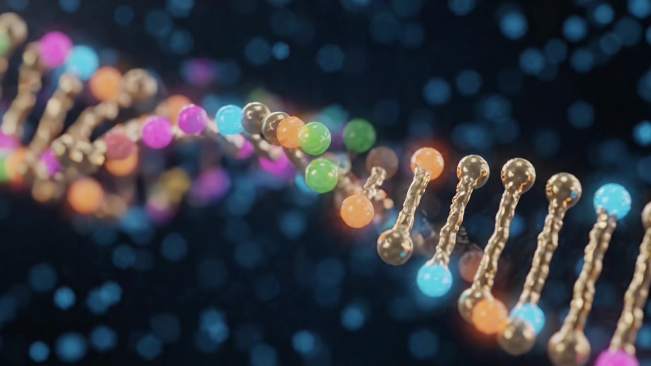 Fantastisk visuel repræsentation af DNA-struktur med en farverig dobbeltspiral og levende nukleotider, der fremhæver genetisk kode og molekylære interaktioner.