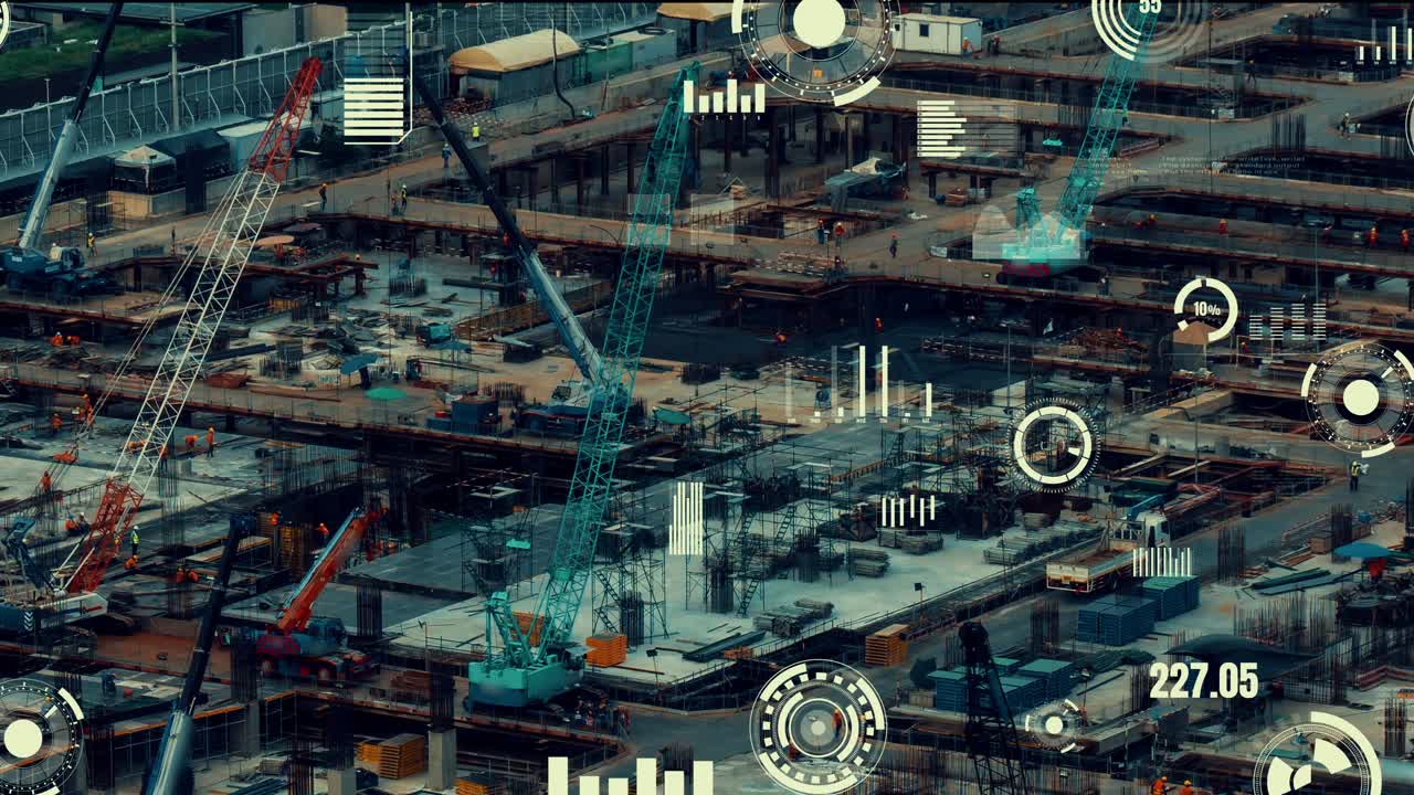 concepto de tecnología de construcción con gráfico de alteración sobre el sitio de construcción