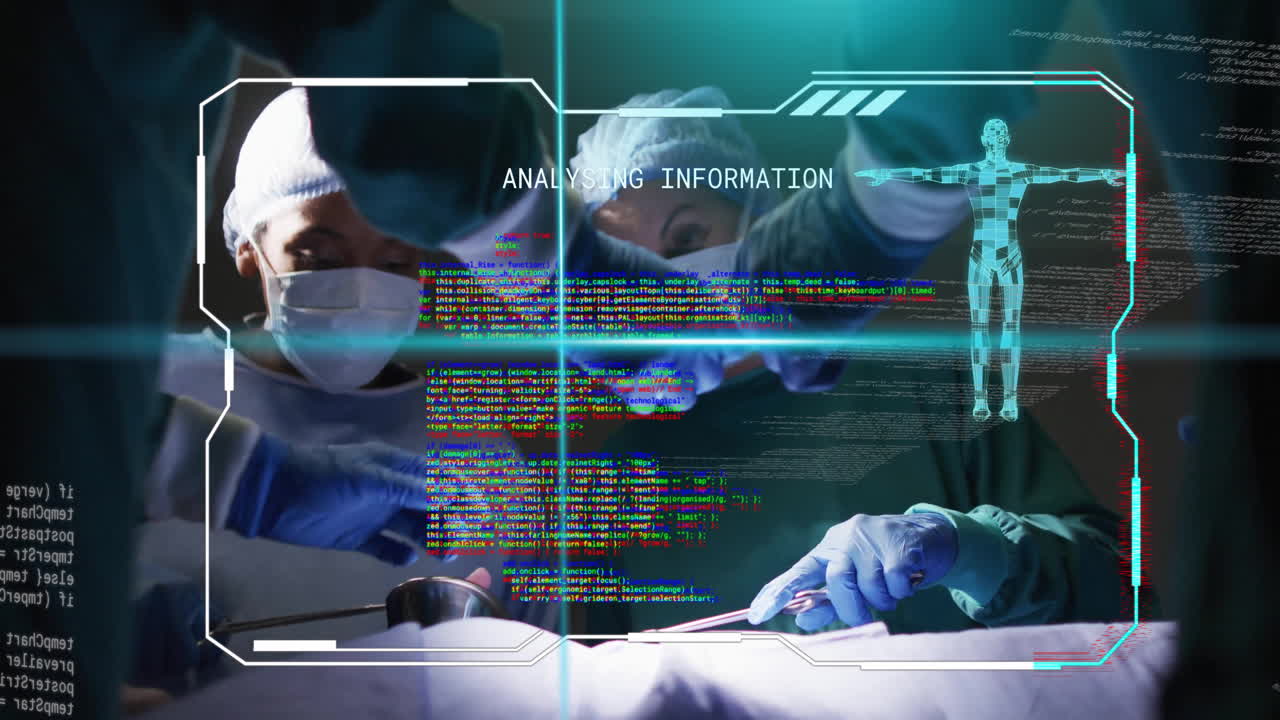 Performing surgery, surgeons with medical data analysis animation overlay