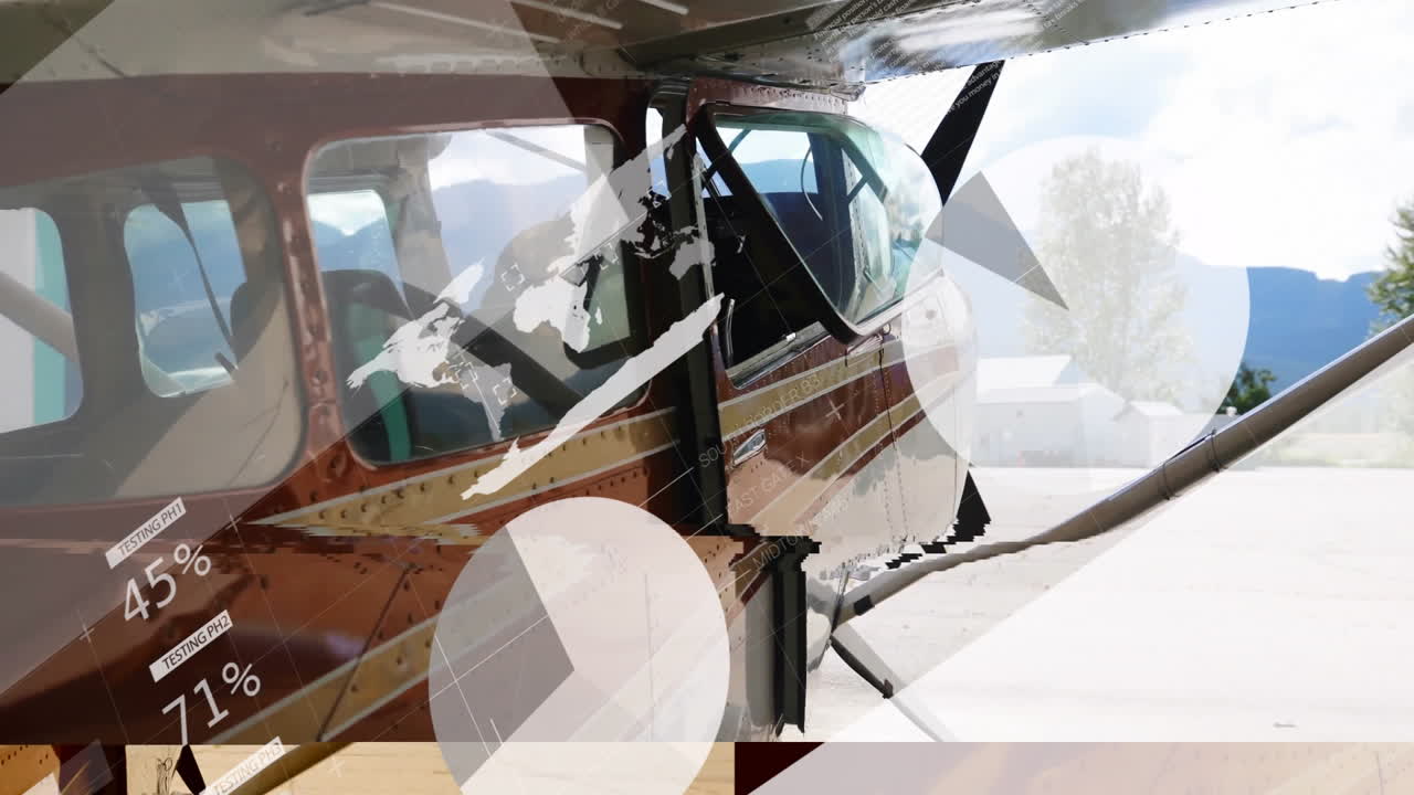 Airplane flying with data charts and graphs overlaying in sky