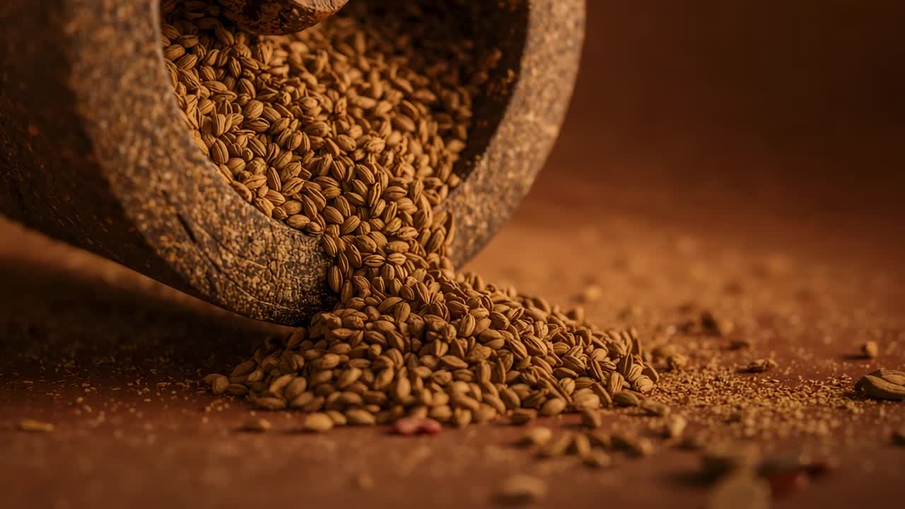 Tipping rough stone mortar pouring small brown seeds onto warm tabletop, forming compact pile