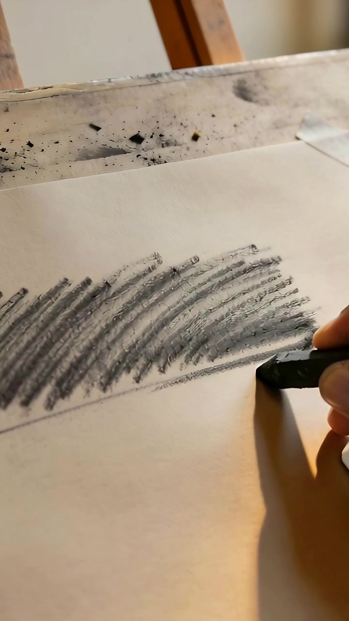 Vertikal video: Placerer en kulstift, højre hånd skygger tapet papir i et studie og skaber et tonebånd.