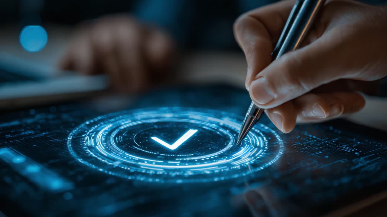 A Close-Up of a Hand Holding a Pen to Confirm Digital Verification on a High-Tech Tablet Displaying a Unique Circular Interface with a Check Mark Symbol