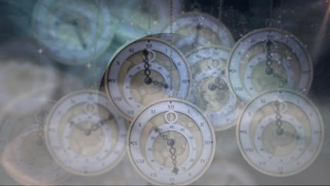 animación del globo terrestre y el espacio sobre los relojes que tiquetean