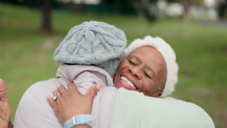 happy, love and senior friends hugging in a park