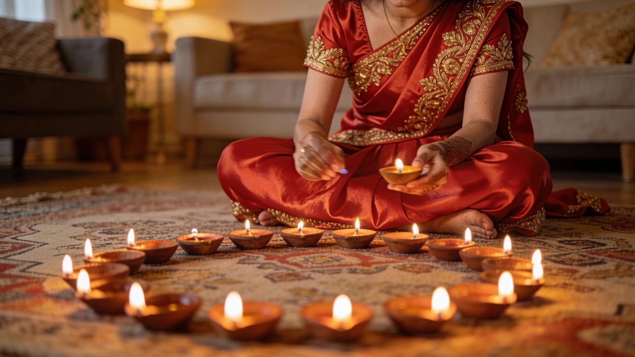 Mulher de sari vermelho acendendo, segurando um diya aceso e acendendo diyas circulares em casa para um ritual.