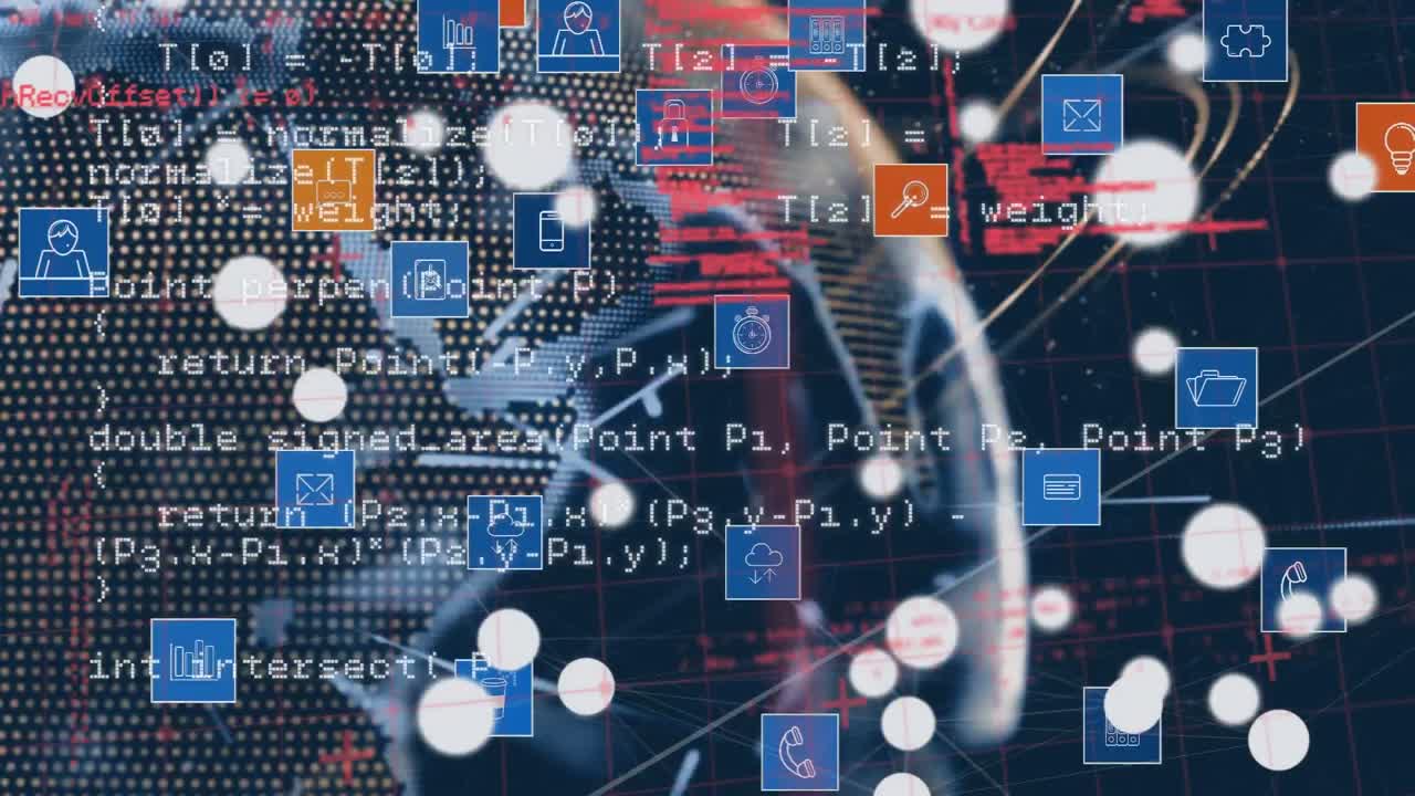 Animation of data processing and networks of connections over dark background