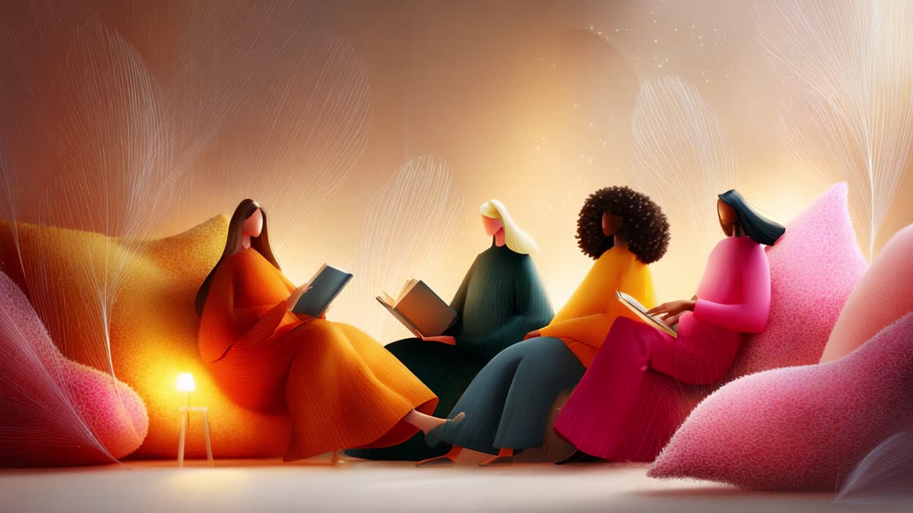 A Cozy Gathering of Women Engaged in Reading and Sharing Stories, Surrounded by Soft Textiles and a Warm Glow, Creating an Inviting Atmosphere for Connection and Creativity