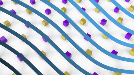 animation of blue parallel wavy stripes over yellow and purple cubes moving on white background