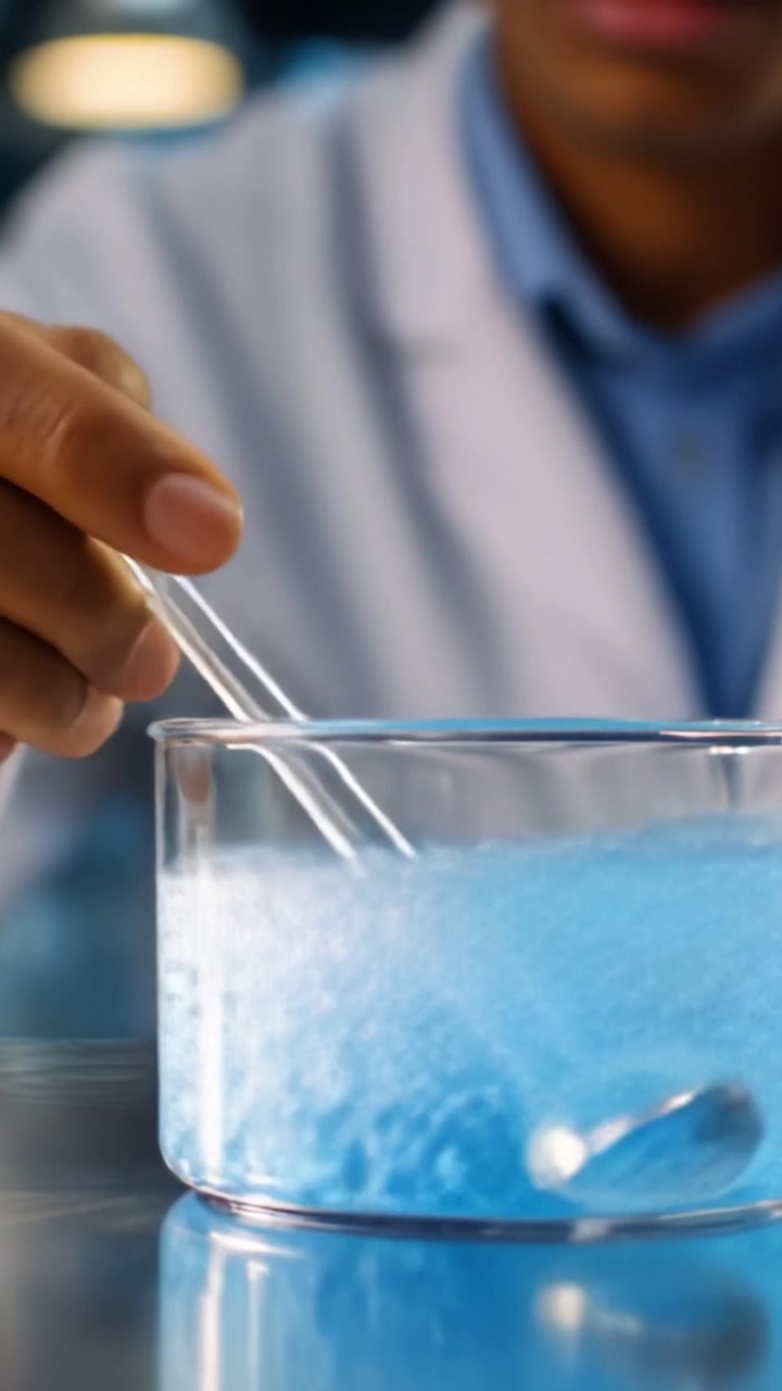 Esplorazione scientifica: Un ricercatore che mescola sostanze chimiche in un becher da laboratorio, osservando la reazione di una soluzione blu e bolle durante la sperimentazione.