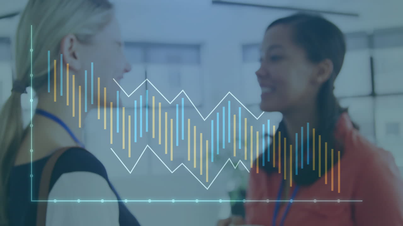 Two women talking with data visualization animation overlaying their conversation